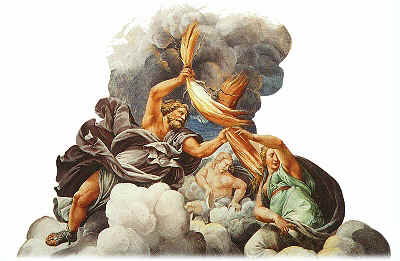 Zeus vanuit zijn zetel op de Olympus bliksemschichten slingerend volgens een fresco van Giulio Romano (1499-1546).